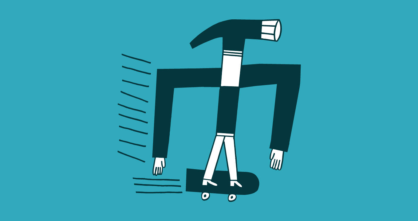 Illustration of a hammer riding on a skateboard