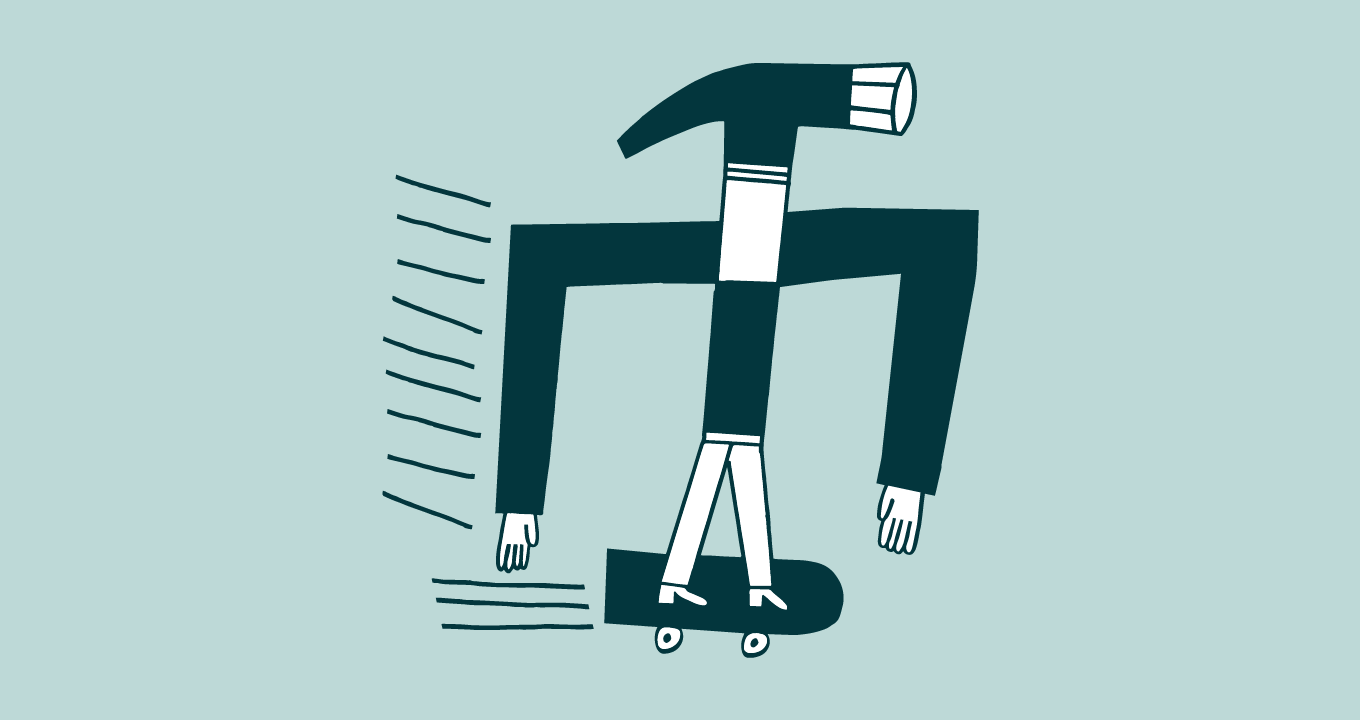 Illustration of a hammer riding a skateboard